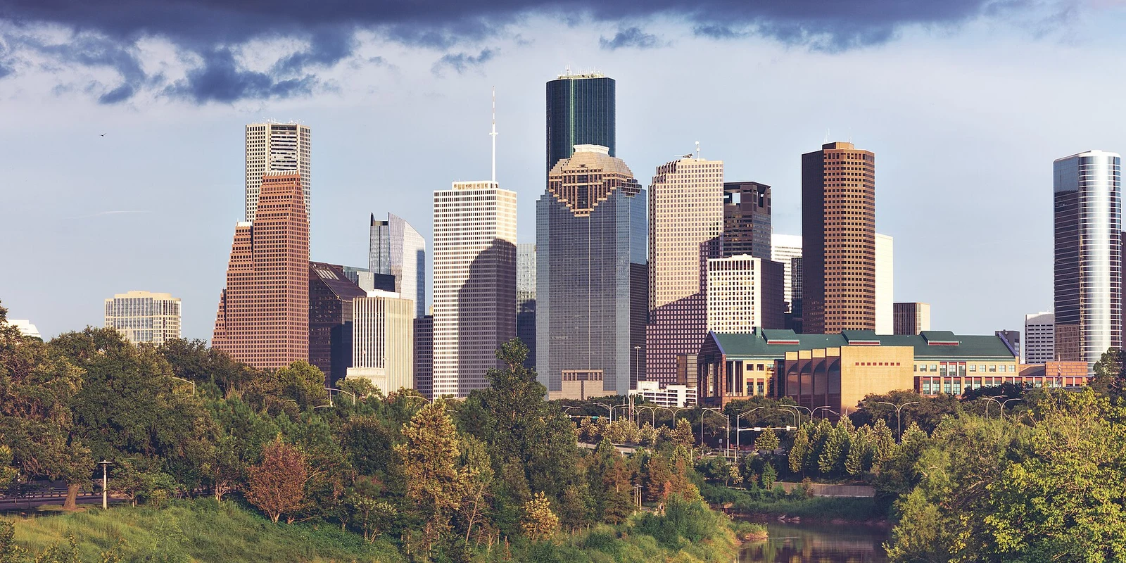 Downtown Houston skyline over Buffalo Bayou, photographed in 2018