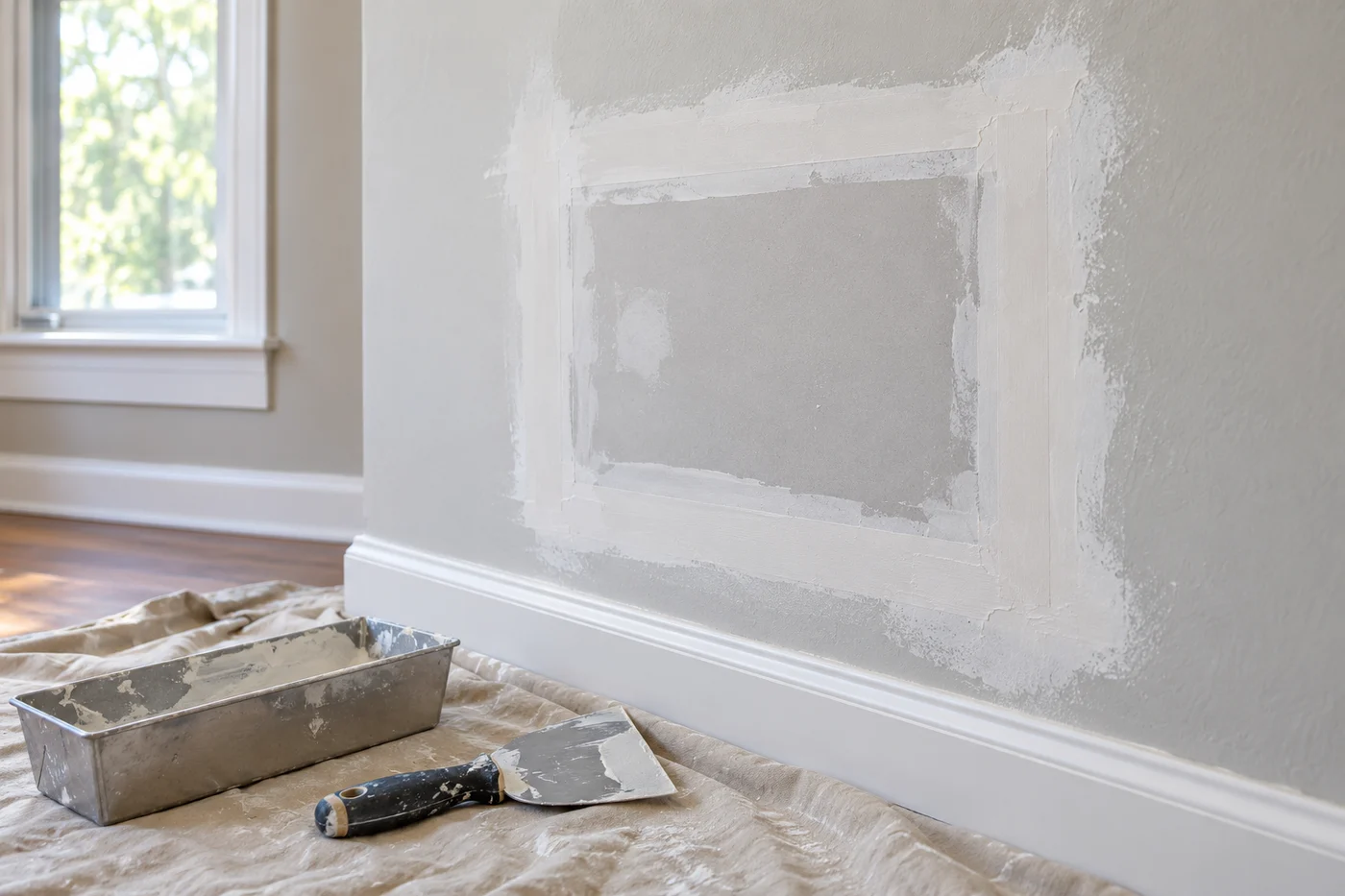 Drywall patch with joint compound and finishing tools