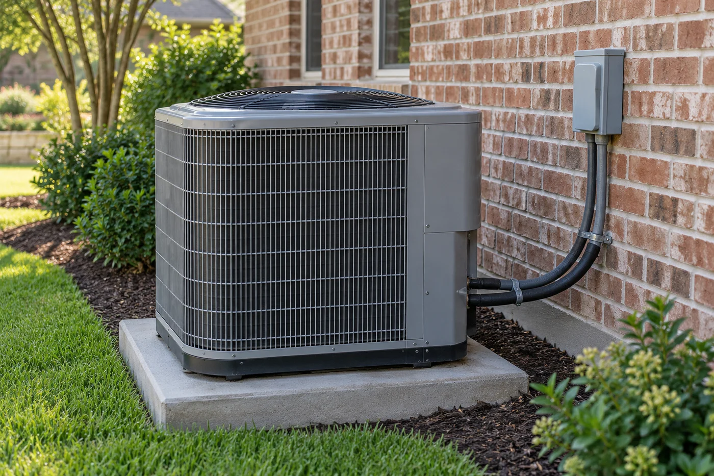 Outdoor AC condenser beside a brick house