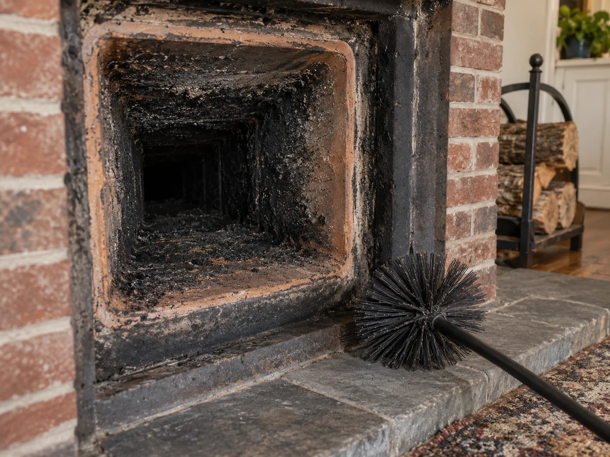 Deposits inside a clay chimney flue