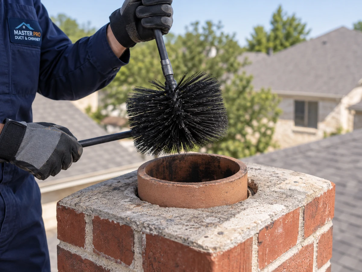 Master Pro technician holding a chimney brush just above a cold flue