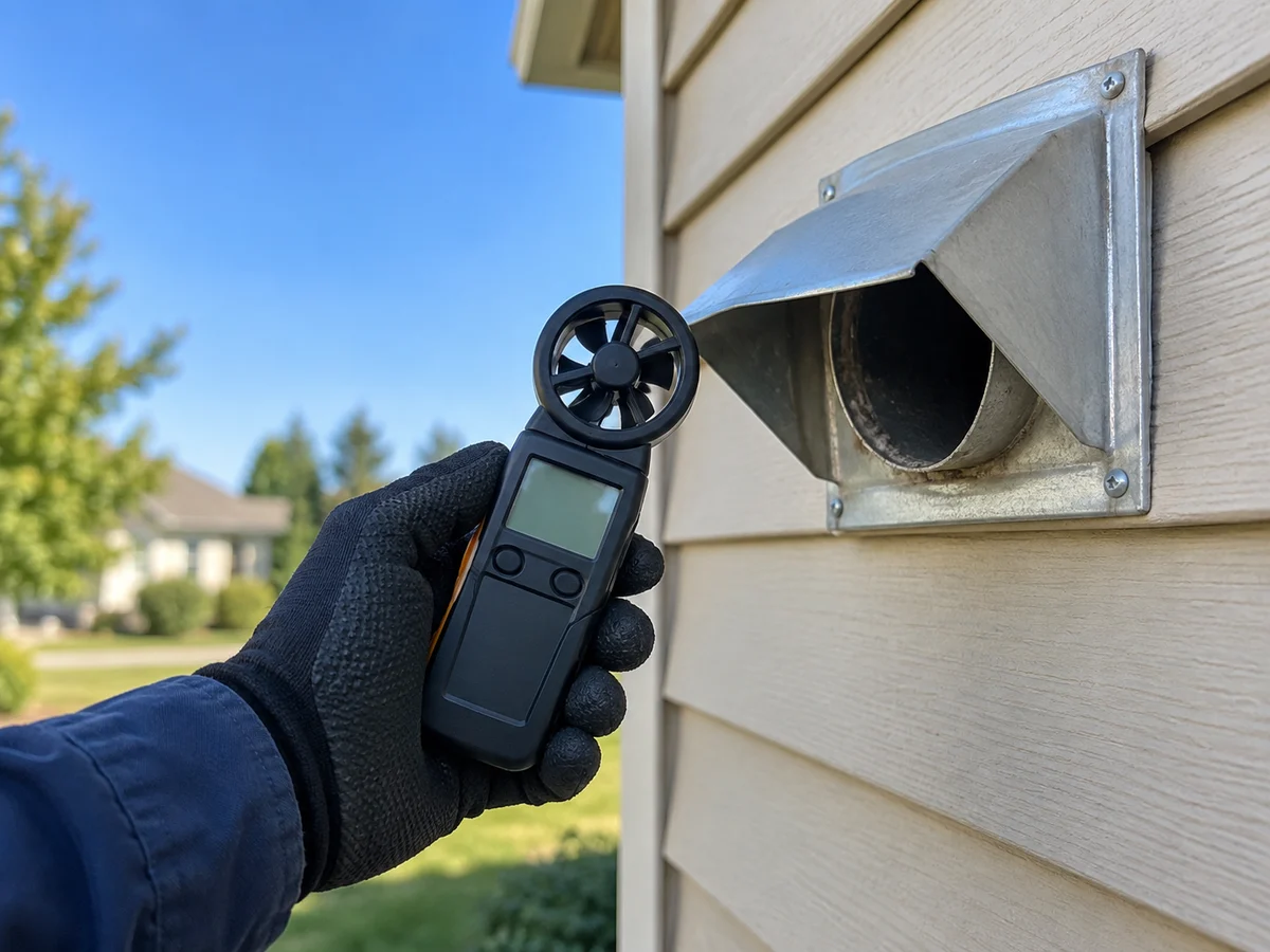 Handheld airflow meter positioned at an exterior dryer exhaust outlet