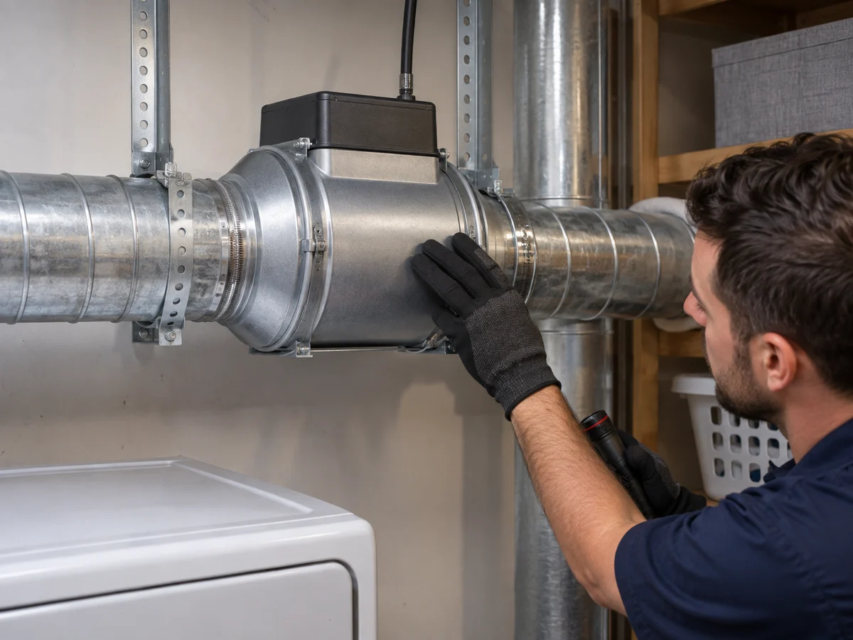 Accessible inline dryer exhaust booster fan connected to metal ductwork