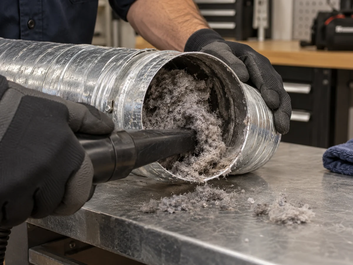 Dense lint obstruction being removed from a metal dryer exhaust duct