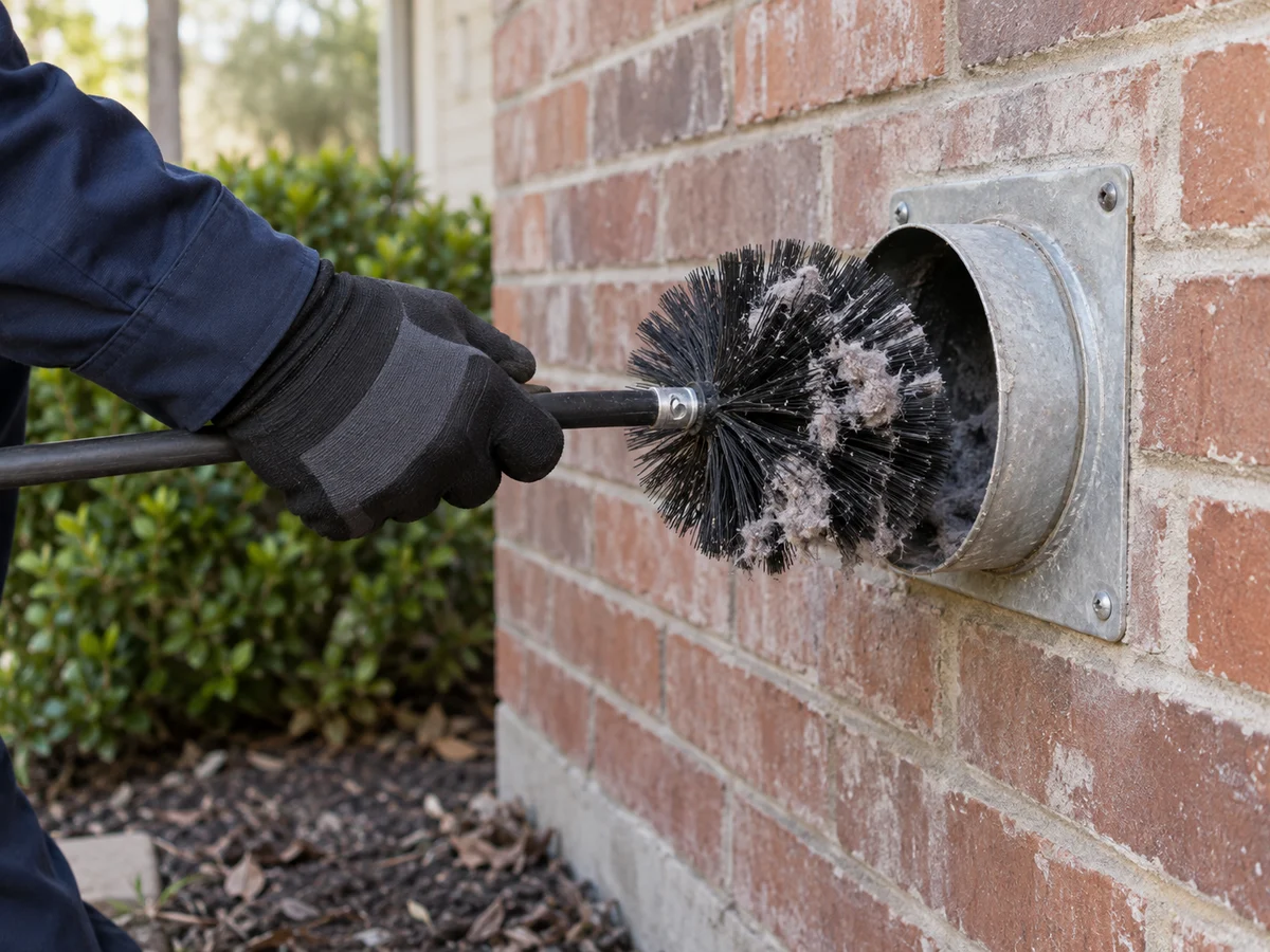 Brush removing lint from an exterior dryer exhaust opening