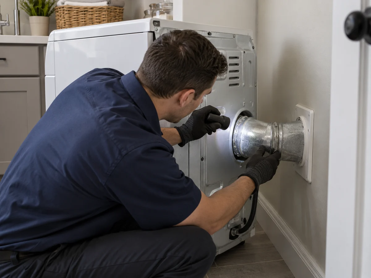 Technician inspecting the dryer transition connection with a flashlight