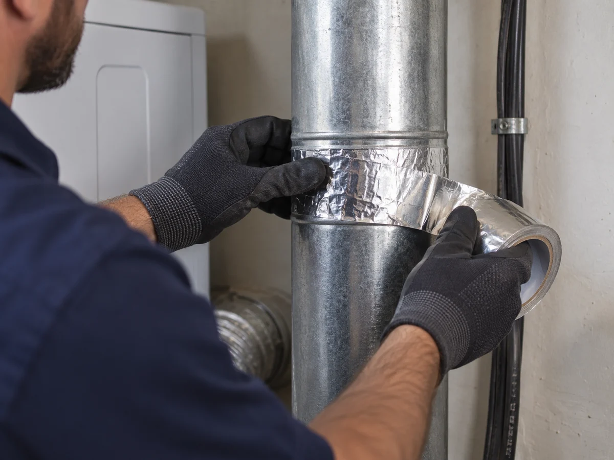 Metal dryer vent joint being sealed with foil tape