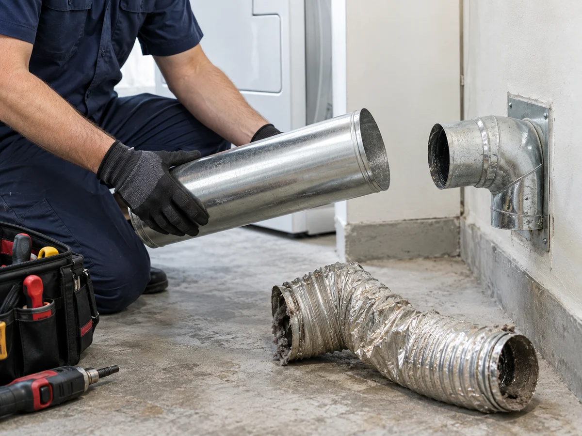 New rigid metal dryer vent section beside an old damaged connector