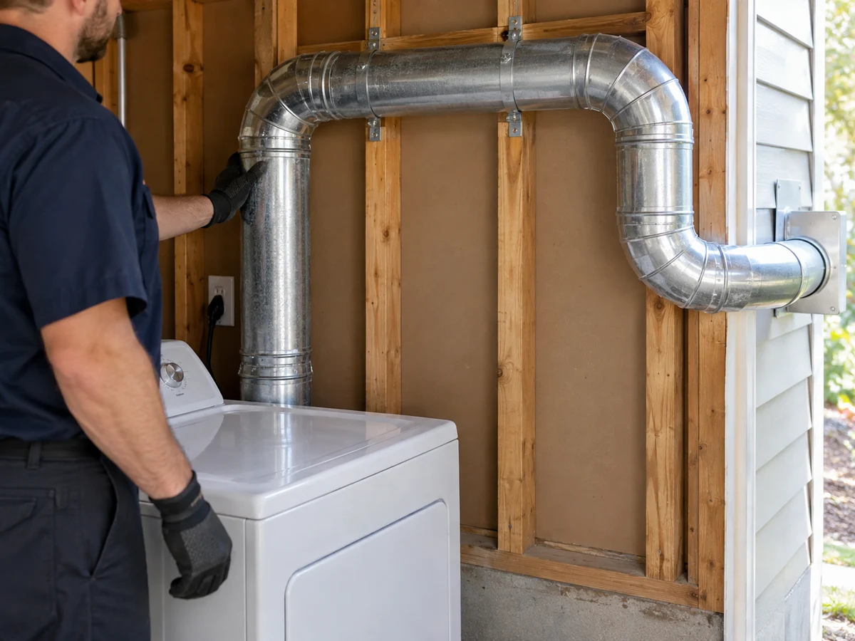 Rigid dryer exhaust duct routed along an open wall with smooth elbows