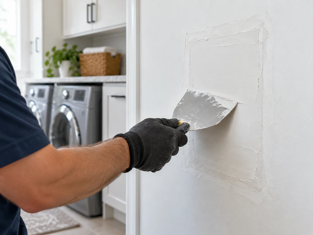 Putty knife smoothing joint compound over a drywall patch