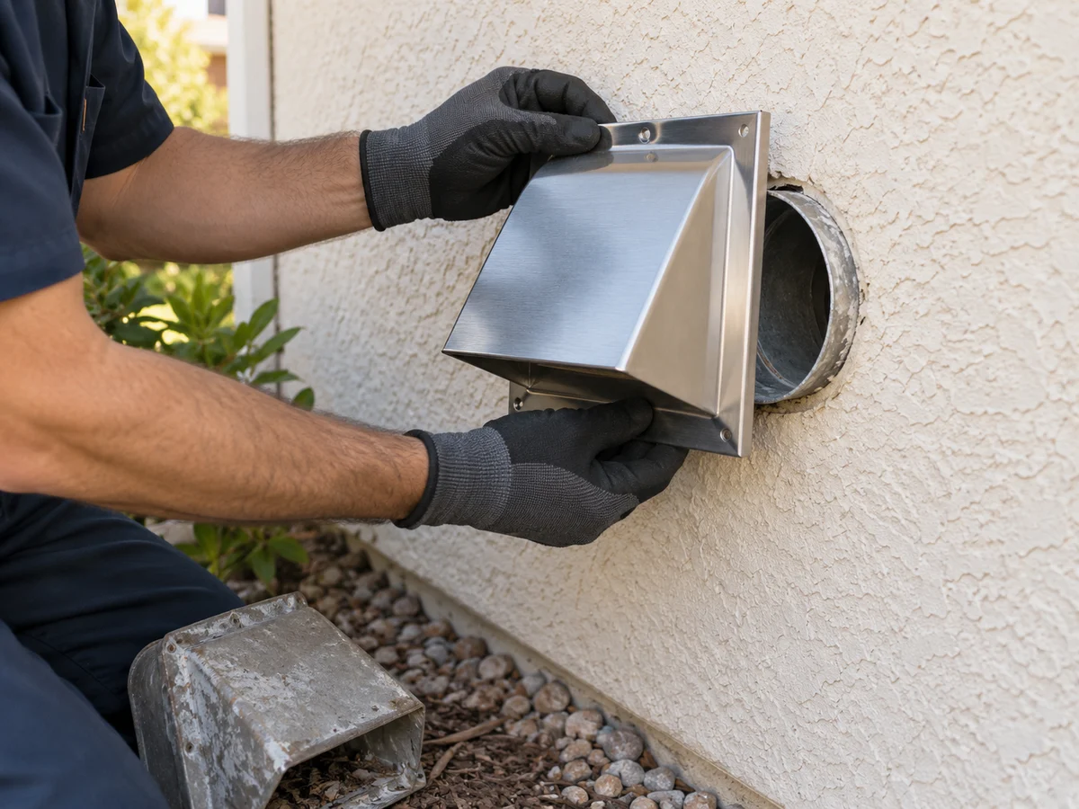 Replacement dryer exhaust hood being fitted to an exterior wall