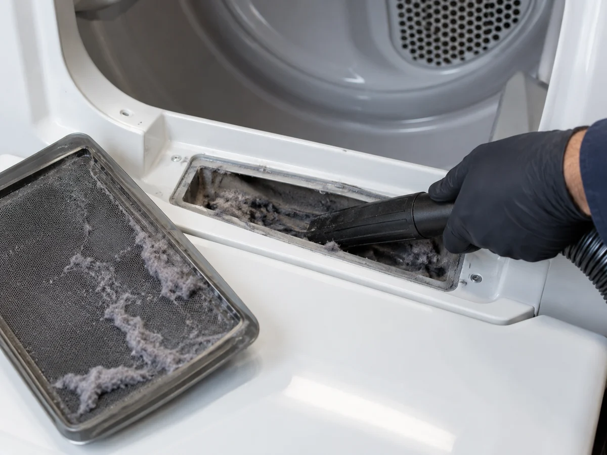 Narrow vacuum nozzle cleaning the dryer lint-filter housing
