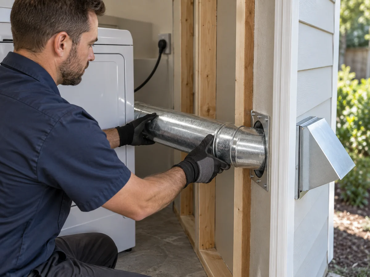 New metal dryer exhaust route being fitted through a laundry wall