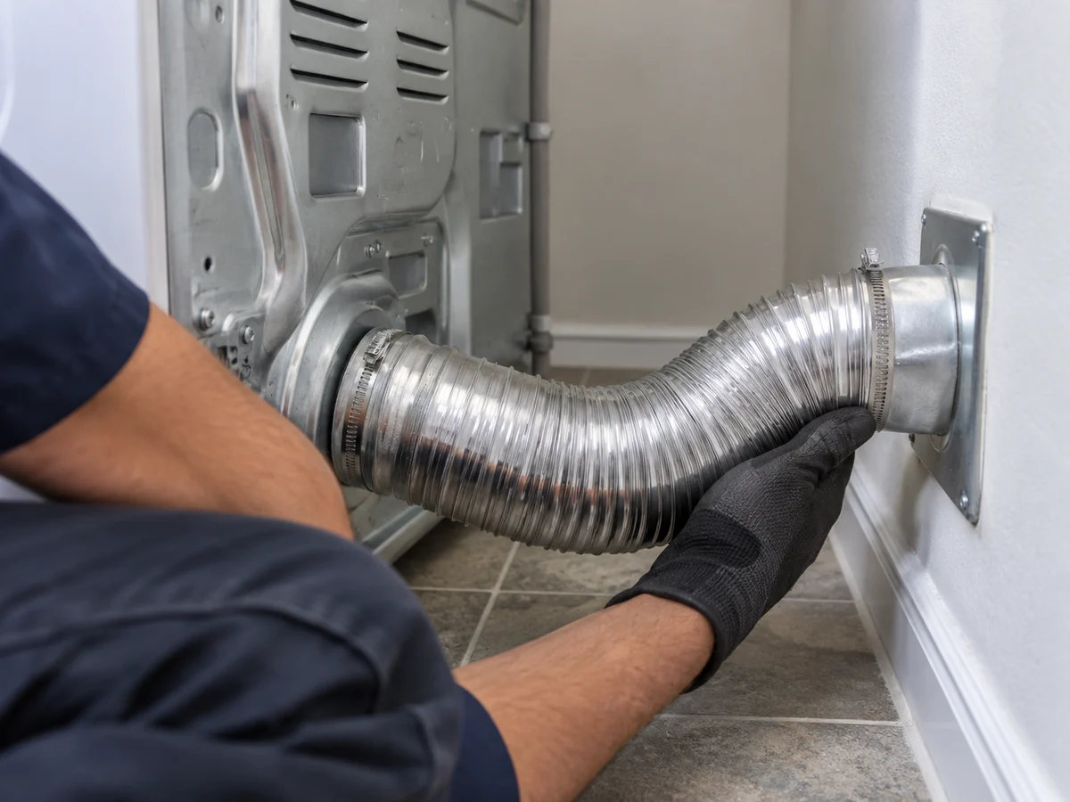 Short metal transition hose connecting a dryer to the wall vent