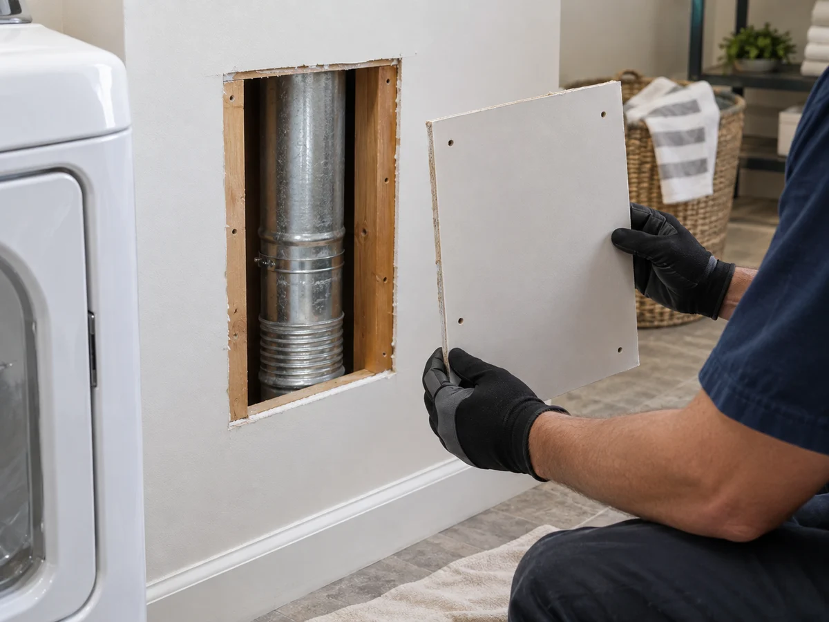 Rectangular wall access opening exposing the dryer exhaust duct