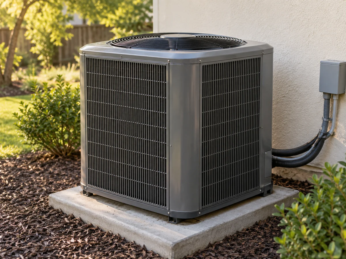 Outdoor AC condenser beside a light stucco wall