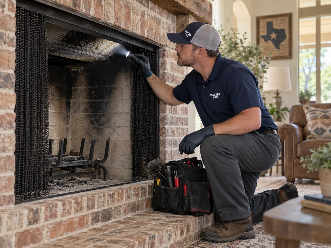 Master Pro technician examining a cold fireplace with a flashlight