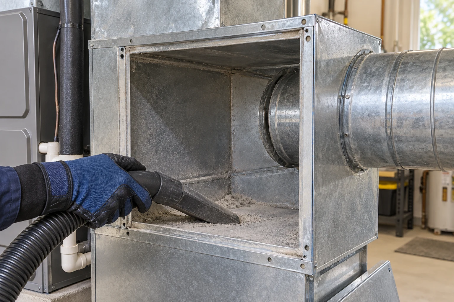 Dust being vacuumed from an accessible metal plenum box