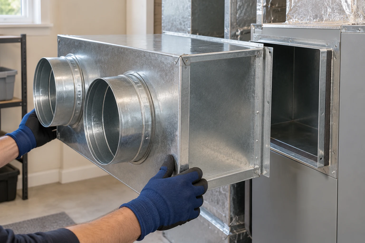 Replacement metal plenum box beside an air handler