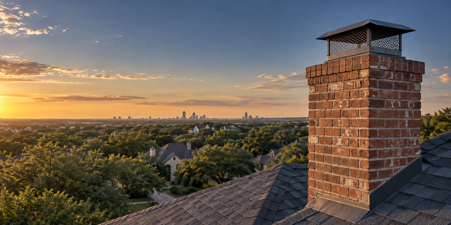 Illustrative brick chimney and cap above a residential roof