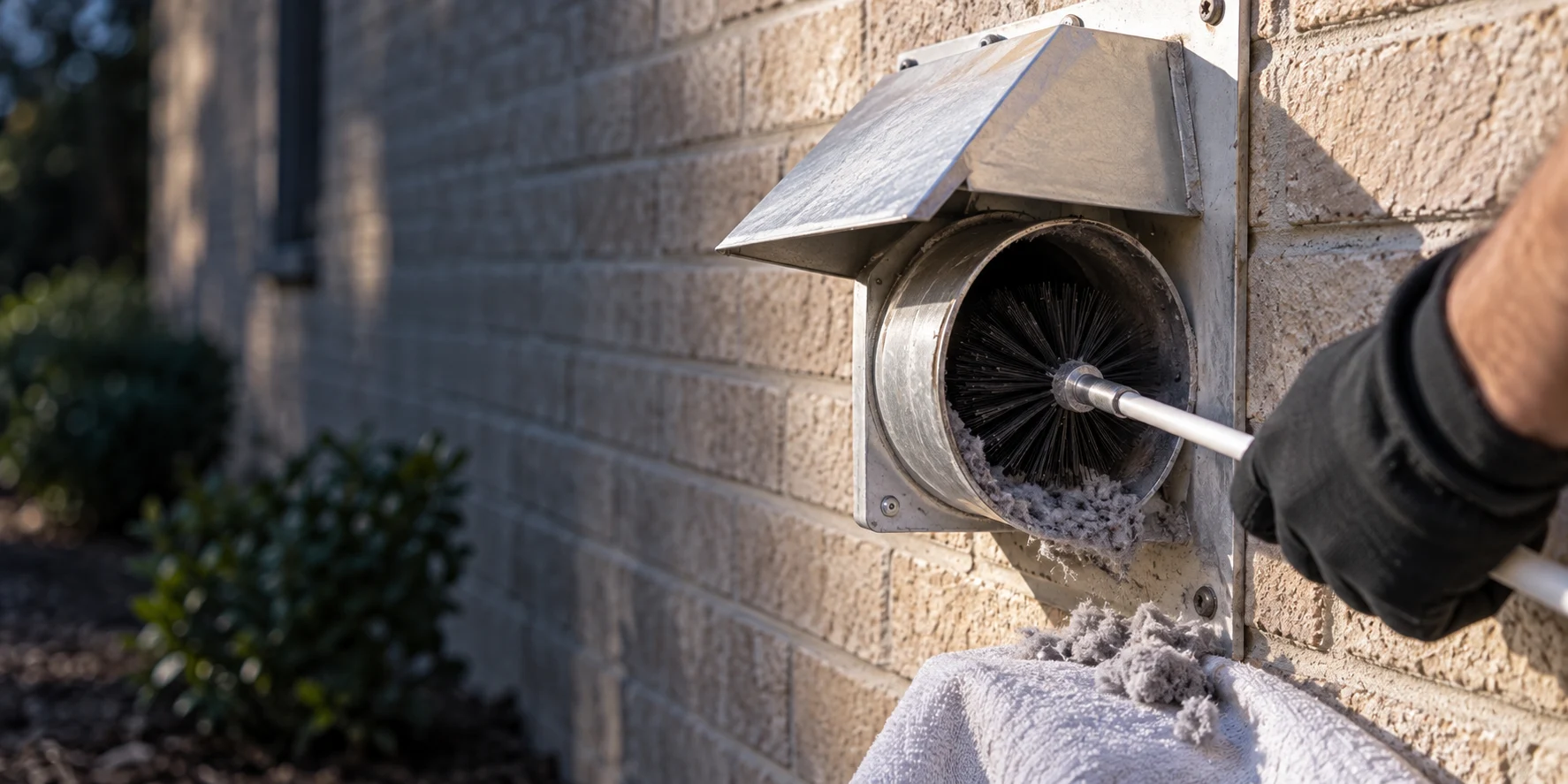 Illustrative close-up of a brush removing lint from an exterior dryer exhaust vent