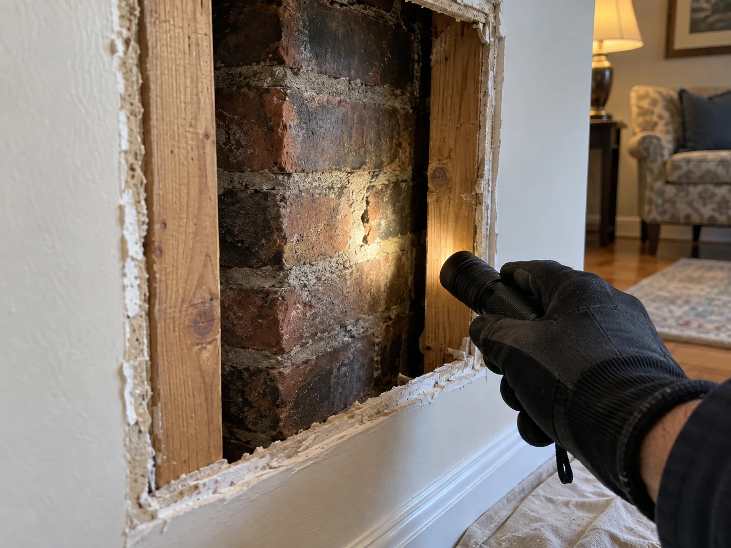 Illustrative targeted access opening exposing concealed chimney masonry for inspection